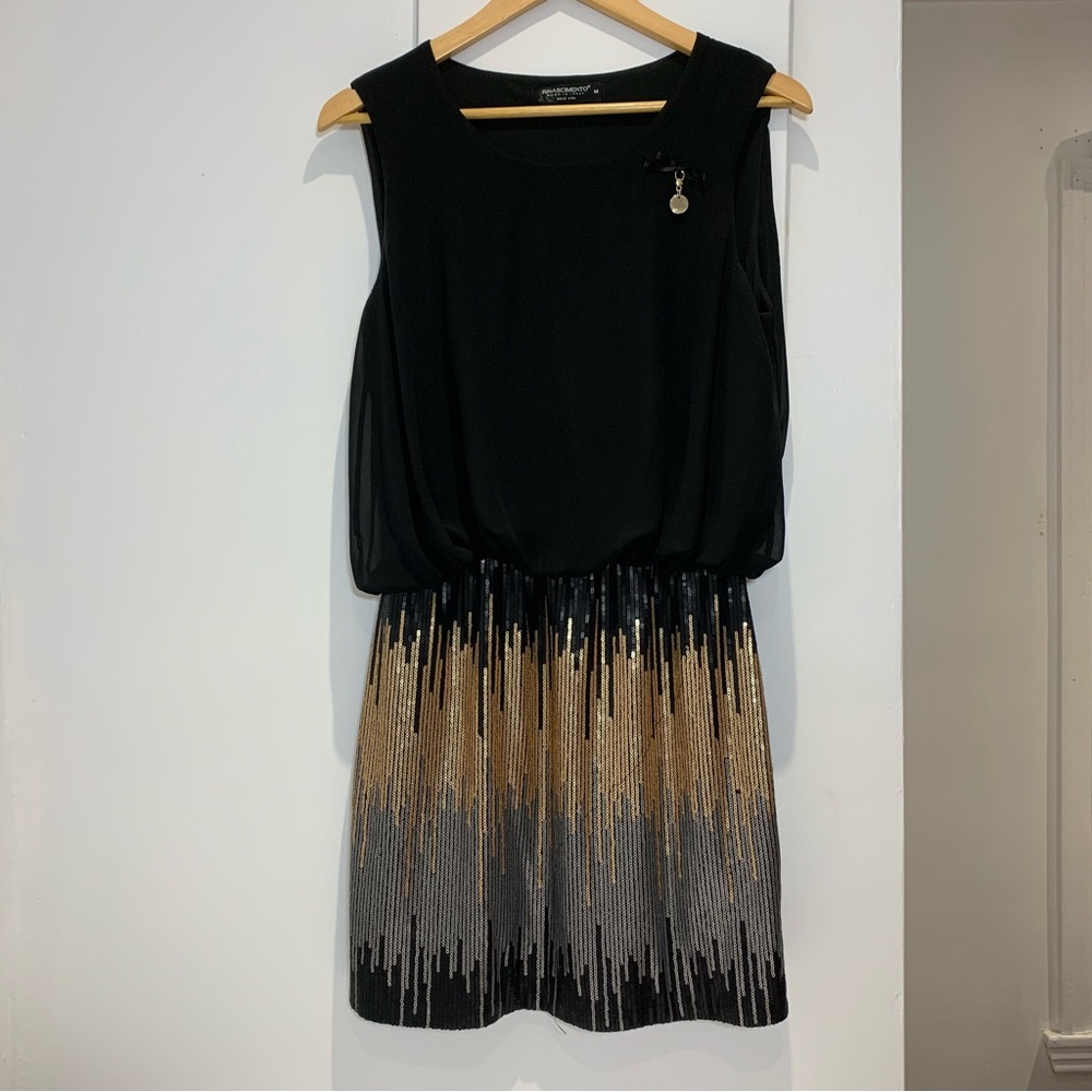 Rinascimento black dress with muted small black-gold-silver sequins.